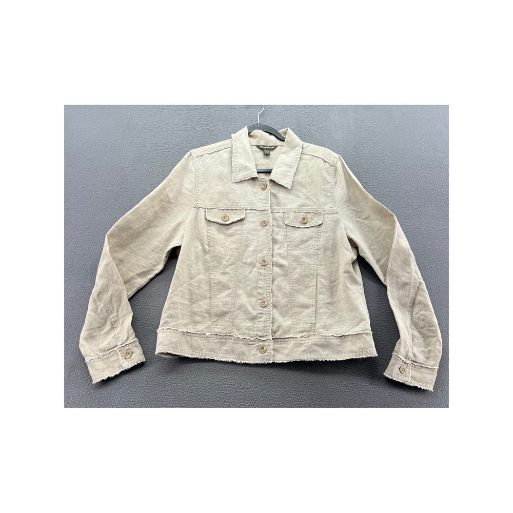 Tommy Bahama Jacket Womens XL Linen Trucker Tan Beige Raw Hem Frayed Lightweight
